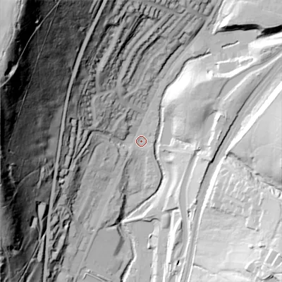 Shaded relief map of the ground around OL35LD, computed from Environment Agency LiDAR. The ground here sits at about 183 m above sea level and falls 145 m across the surrounding 800 m. Surface water reaching this point runs off ground lying to the north-west, 138.5 m higher.