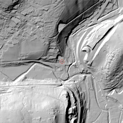 Shaded relief map of the ground around OL35NP, computed from Environment Agency LiDAR. The ground here sits at about 170 m above sea level and falls 91 m across the surrounding 800 m. Surface water reaching this point runs off ground lying to the north-north-west, 35.6 m higher.