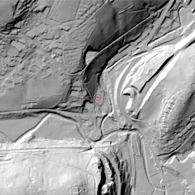 Shaded relief map of the ground around OL35NW, computed from Environment Agency LiDAR. The ground here sits at about 170 m above sea level and falls 92 m across the surrounding 800 m. Surface water reaching this point runs off ground lying to the north-west, 26.7 m higher.