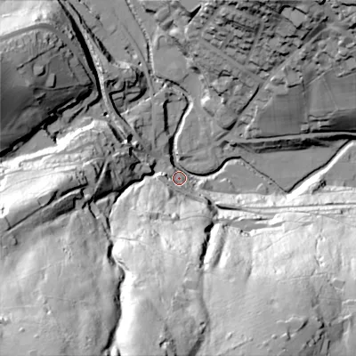 Shaded relief map of the ground around OL35QT, computed from Environment Agency LiDAR. The ground here sits at about 176 m above sea level and falls 113 m across the surrounding 800 m. Surface water reaching this point runs off ground lying to the south-west, 109.3 m higher.