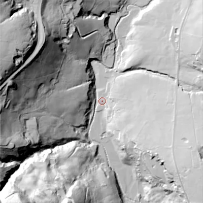 Shaded relief map of the ground around OL35TD, computed from Environment Agency LiDAR. The ground here sits at about 229 m above sea level and falls 113 m across the surrounding 800 m. Surface water reaching this point runs off ground lying to the west-north-west, 84.9 m higher.