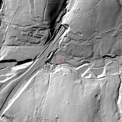 Shaded relief map of the ground around OL35TF, computed from Environment Agency LiDAR. The ground here sits at about 196 m above sea level and falls 66 m across the surrounding 800 m. Surface water reaching this point runs off ground lying to the south-south-east, 60.2 m higher.