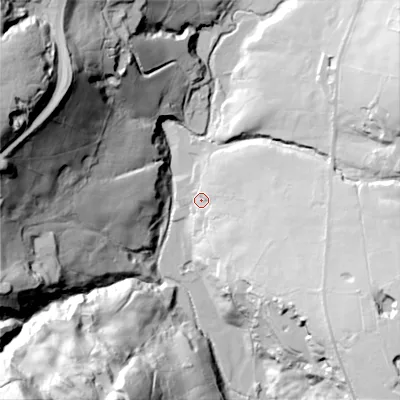 Shaded relief map of the ground around OL35TP, computed from Environment Agency LiDAR. The ground here sits at about 231 m above sea level and falls 111 m across the surrounding 800 m. Surface water reaching this point runs off ground lying to the south-east, 45.5 m higher.