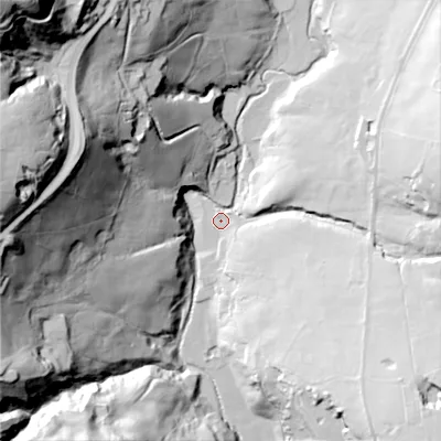 Shaded relief map of the ground around OL35TW, computed from Environment Agency LiDAR. The ground here sits at about 230 m above sea level and falls 131 m across the surrounding 800 m. Surface water reaching this point runs off ground lying to the north-west, 124.3 m higher.