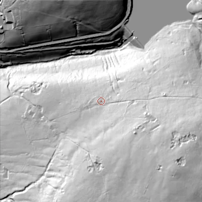 Shaded relief map of the ground around OL35UB, computed from Environment Agency LiDAR. The ground here sits at about 313 m above sea level and falls 115 m across the surrounding 800 m. Surface water reaching this point runs off ground lying to the south-east, 56.6 m higher.