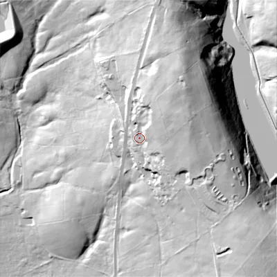 Shaded relief map of the ground around OL35UN, computed from Environment Agency LiDAR. The ground here sits at about 338 m above sea level and falls 86 m across the surrounding 800 m. Surface water reaching this point runs off ground lying to the north-east, 27.6 m higher.