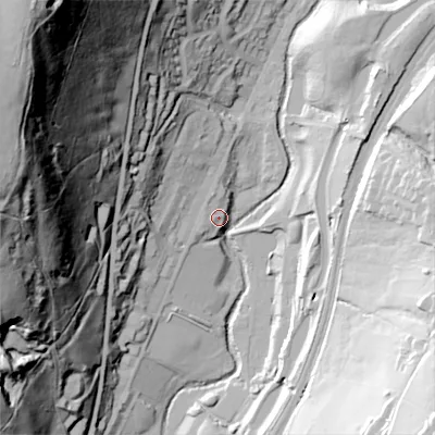 Shaded relief map of the ground around OL35WG, computed from Environment Agency LiDAR. The ground here sits at about 187 m above sea level and falls 136 m across the surrounding 800 m. Surface water reaching this point runs off ground lying to the north-west, 32.6 m higher.