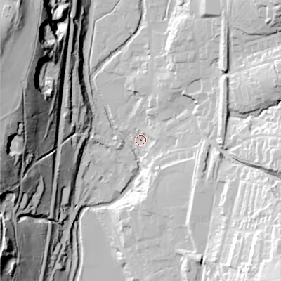 Shaded relief map of the ground around OL36AA, computed from Environment Agency LiDAR. The ground here sits at about 161 m above sea level and falls 85 m across the surrounding 800 m. Surface water reaching this point runs off ground lying to the east-south-east, 18.2 m higher.