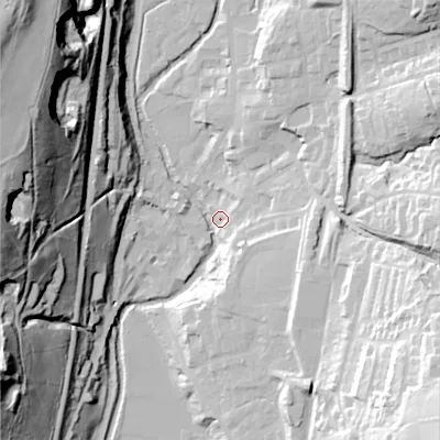 Shaded relief map of the ground around OL36AJ, computed from Environment Agency LiDAR. The ground here sits at about 162 m above sea level and falls 84 m across the surrounding 800 m. Surface water reaching this point runs off ground lying to the north-west, 77.7 m higher.
