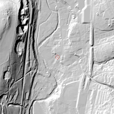 Shaded relief map of the ground around OL36AP, computed from Environment Agency LiDAR. The ground here sits at about 162 m above sea level and falls 85 m across the surrounding 800 m. Surface water reaching this point runs off ground lying to the east-north-east, 9.0 m higher.