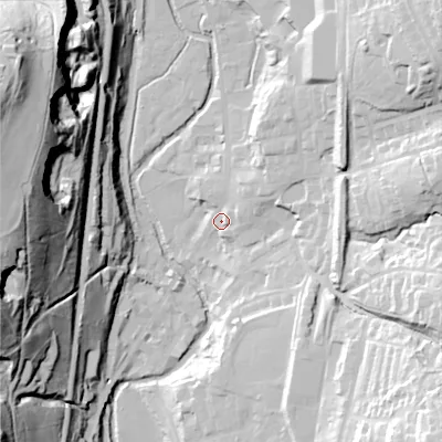 Shaded relief map of the ground around OL36AW, computed from Environment Agency LiDAR. The ground here sits at about 164 m above sea level and falls 84 m across the surrounding 800 m. Surface water reaching this point runs off ground lying to the east-north-east, 8.5 m higher.