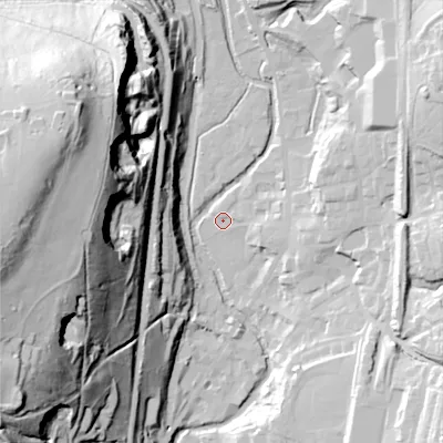 Shaded relief map of the ground around OL36BA, computed from Environment Agency LiDAR. The ground here sits at about 161 m above sea level and falls 93 m across the surrounding 800 m. Surface water reaching this point runs off ground lying to the east, 1.9 m higher.