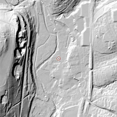 Shaded relief map of the ground around OL36BD, computed from Environment Agency LiDAR. The ground here sits at about 163 m above sea level and falls 83 m across the surrounding 800 m. Surface water reaching this point runs off ground lying to the east-north-east, 13.1 m higher.