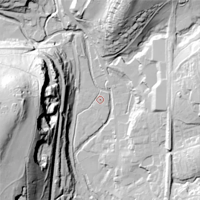 Shaded relief map of the ground around OL36BE, computed from Environment Agency LiDAR. The ground here sits at about 163 m above sea level and falls 87 m across the surrounding 800 m. Surface water reaching this point runs off ground lying to the north-west, 1.5 m higher.