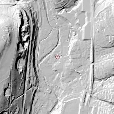 Shaded relief map of the ground around OL36BG, computed from Environment Agency LiDAR. The ground here sits at about 162 m above sea level and falls 84 m across the surrounding 800 m. Surface water reaching this point runs off ground lying to the south-east, 4.6 m higher.