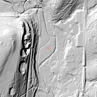 Shaded relief map of the ground around OL36BS, computed from Environment Agency LiDAR. The ground here sits at about 162 m above sea level and falls 88 m across the surrounding 800 m. Surface water reaching this point runs off ground lying to the north-east, 1.3 m higher.