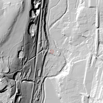 Shaded relief map of the ground around OL36DE, computed from Environment Agency LiDAR. The ground here sits at about 161 m above sea level and falls 97 m across the surrounding 800 m. Surface water reaching this point runs off ground lying to the west-north-west, 92.6 m higher.