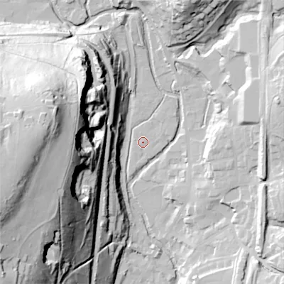 Shaded relief map of the ground around OL36DL, computed from Environment Agency LiDAR. The ground here sits at about 162 m above sea level and falls 93 m across the surrounding 800 m. Surface water reaching this point runs off ground lying to the north-east, 1.6 m higher.
