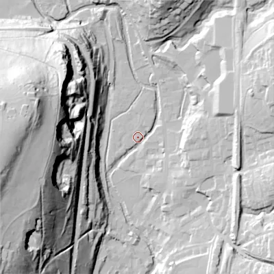 Shaded relief map of the ground around OL36DN, computed from Environment Agency LiDAR. The ground here sits at about 162 m above sea level and falls 88 m across the surrounding 800 m. Surface water reaching this point runs off ground lying to the west, 79.6 m higher.