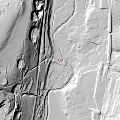 Shaded relief map of the ground around OL36DQ, computed from Environment Agency LiDAR. The ground here sits at about 160 m above sea level and falls 94 m across the surrounding 800 m. Surface water reaching this point runs off ground lying to the west-north-west, 90.5 m higher.