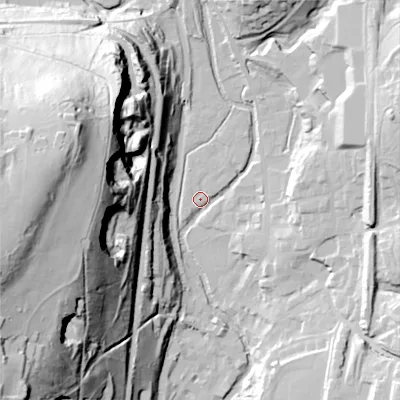 Shaded relief map of the ground around OL36ET, computed from Environment Agency LiDAR. The ground here sits at about 162 m above sea level and falls 93 m across the surrounding 800 m. Surface water reaching this point runs off ground lying to the east-north-east, 31.4 m higher.
