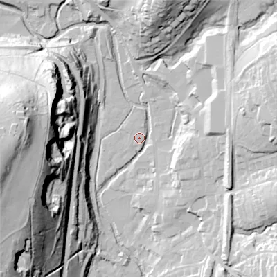 Shaded relief map of the ground around OL36EY, computed from Environment Agency LiDAR. The ground here sits at about 163 m above sea level and falls 85 m across the surrounding 800 m. Surface water reaching this point runs off ground lying to the west, 79.3 m higher.