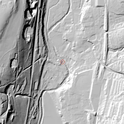 Shaded relief map of the ground around OL36HA, computed from Environment Agency LiDAR. The ground here sits at about 159 m above sea level and falls 89 m across the surrounding 800 m. Surface water reaching this point runs off ground lying to the west-north-west, 87.4 m higher.