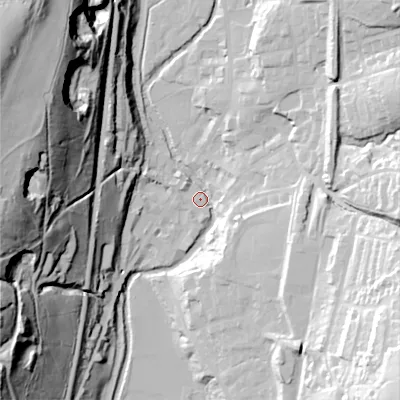Shaded relief map of the ground around OL36HB, computed from Environment Agency LiDAR. The ground here sits at about 160 m above sea level and falls 88 m across the surrounding 800 m. Surface water reaching this point runs off ground lying to the north-west, 86.0 m higher.