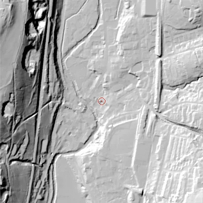 Shaded relief map of the ground around OL36HD, computed from Environment Agency LiDAR. The ground here sits at about 162 m above sea level and falls 84 m across the surrounding 800 m. Surface water reaching this point runs off ground lying to the east-south-east, 17.7 m higher.