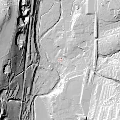 Shaded relief map of the ground around OL36HE, computed from Environment Agency LiDAR. The ground here sits at about 161 m above sea level and falls 85 m across the surrounding 800 m. Surface water reaching this point runs off ground lying to the south-east, 43.2 m higher.