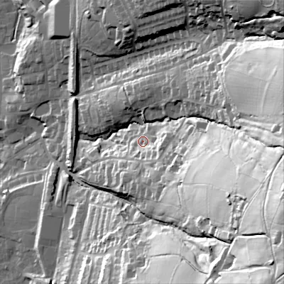 Shaded relief map of the ground around OL36HJ, computed from Environment Agency LiDAR. The ground here sits at about 190 m above sea level and falls 116 m across the surrounding 800 m. Surface water reaching this point runs off ground lying to the east-south-east, 62.2 m higher.