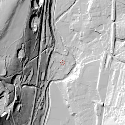 Shaded relief map of the ground around OL36HR, computed from Environment Agency LiDAR. The ground here sits at about 160 m above sea level and falls 93 m across the surrounding 800 m. Surface water reaching this point runs off ground lying to the west-north-west, 22.6 m higher.