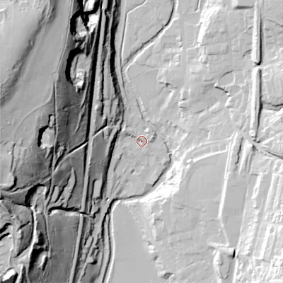 Shaded relief map of the ground around OL36HS, computed from Environment Agency LiDAR. The ground here sits at about 160 m above sea level and falls 93 m across the surrounding 800 m. Surface water reaching this point runs off ground lying to the west, 22.1 m higher.