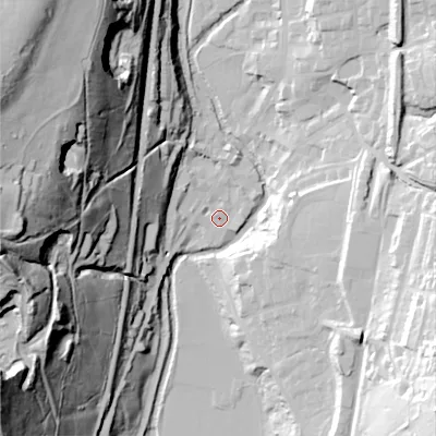 Shaded relief map of the ground around OL36HT, computed from Environment Agency LiDAR. The ground here sits at about 159 m above sea level and falls 95 m across the surrounding 800 m. Surface water reaching this point runs off ground lying to the west-north-west, 84.4 m higher.