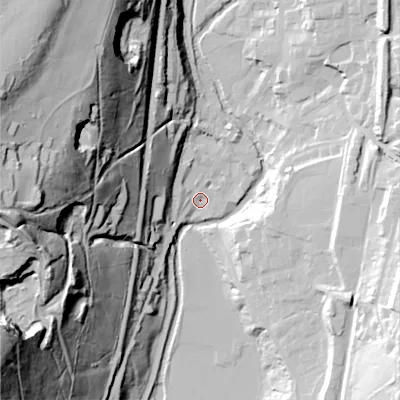 Shaded relief map of the ground around OL36HX, computed from Environment Agency LiDAR. The ground here sits at about 158 m above sea level and falls 109 m across the surrounding 800 m. Surface water reaching this point runs off ground lying to the west, 90.1 m higher.