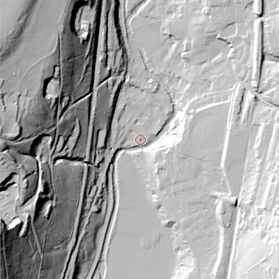 Shaded relief map of the ground around OL36HZ, computed from Environment Agency LiDAR. The ground here sits at about 159 m above sea level and falls 101 m across the surrounding 800 m. Surface water reaching this point runs off ground lying to the west-north-west, 93.6 m higher.