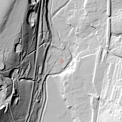 Shaded relief map of the ground around OL36LZ, computed from Environment Agency LiDAR. The ground here sits at about 159 m above sea level and falls 92 m across the surrounding 800 m. Surface water reaching this point runs off ground lying to the north, 1.7 m higher.