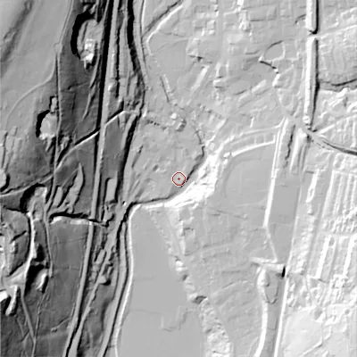 Shaded relief map of the ground around OL36NA, computed from Environment Agency LiDAR. The ground here sits at about 159 m above sea level and falls 92 m across the surrounding 800 m. Surface water reaching this point runs off ground lying to the north-west, 89.1 m higher.