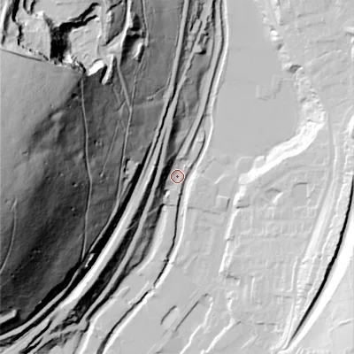 Shaded relief map of the ground around OL37AJ, computed from Environment Agency LiDAR. The ground here sits at about 156 m above sea level and falls 148 m across the surrounding 800 m. Surface water reaching this point runs off ground lying to the south-south-west, 5.6 m higher.