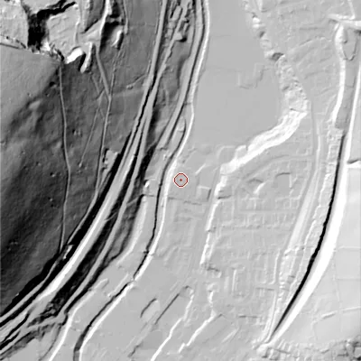 Shaded relief map of the ground around OL37BX, computed from Environment Agency LiDAR. The ground here sits at about 158 m above sea level and falls 137 m across the surrounding 800 m. Surface water reaching this point runs off ground lying to the west, 0.8 m higher.