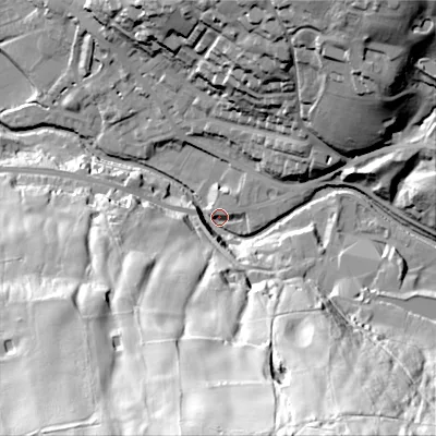 Shaded relief map of the ground around OL37DW, computed from Environment Agency LiDAR. The ground here sits at about 162 m above sea level and falls 87 m across the surrounding 800 m. Surface water reaching this point runs off ground lying to the south-south-east, 82.2 m higher.