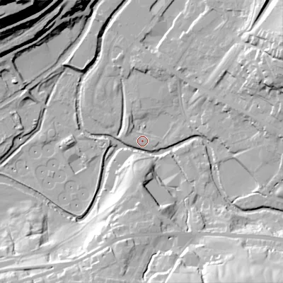 Shaded relief map of the ground around OL37EE, computed from Environment Agency LiDAR. The ground here sits at about 154 m above sea level and falls 71 m across the surrounding 800 m. Surface water reaching this point runs off ground lying to the south-south-east, 32.8 m higher.