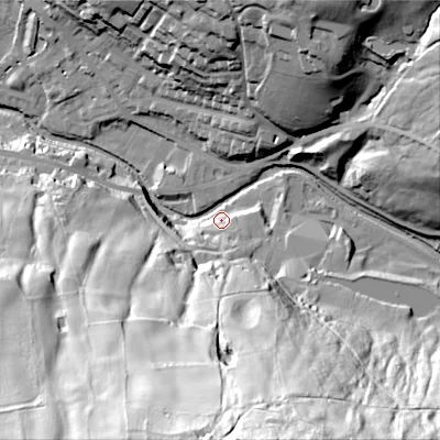 Shaded relief map of the ground around OL37EG, computed from Environment Agency LiDAR. The ground here sits at about 163 m above sea level and falls 97 m across the surrounding 800 m. Surface water reaching this point runs off ground lying to the south-south-east, 91.9 m higher.