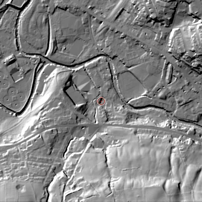 Shaded relief map of the ground around OL37EP, computed from Environment Agency LiDAR. The ground here sits at about 156 m above sea level and falls 56 m across the surrounding 800 m. Surface water reaching this point runs off ground lying to the south-south-east, 49.9 m higher.