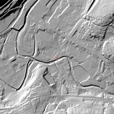 Shaded relief map of the ground around OL37EW, computed from Environment Agency LiDAR. The ground here sits at about 155 m above sea level and falls 56 m across the surrounding 800 m. Surface water reaching this point runs off ground lying to the north-east, 42.5 m higher.