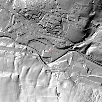 Shaded relief map of the ground around OL37FH, computed from Environment Agency LiDAR. The ground here sits at about 162 m above sea level and falls 73 m across the surrounding 800 m. The ground contributing surface water to this point lies to the south-south-west.