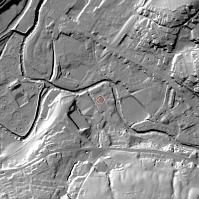 Shaded relief map of the ground around OL37FQ, computed from Environment Agency LiDAR. The ground here sits at about 156 m above sea level and falls 48 m across the surrounding 800 m. Surface water reaching this point runs off ground lying to the south-south-east, 37.2 m higher.