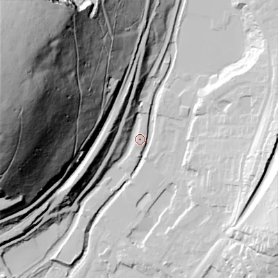Shaded relief map of the ground around OL37FU, computed from Environment Agency LiDAR. The ground here sits at about 157 m above sea level and falls 154 m across the surrounding 800 m. Surface water reaching this point runs off ground lying to the west-north-west, 150.5 m higher.