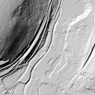 Shaded relief map of the ground around OL37FX, computed from Environment Agency LiDAR. The ground here sits at about 157 m above sea level and falls 156 m across the surrounding 800 m. Surface water reaching this point runs off ground lying to the east, 25.3 m higher.