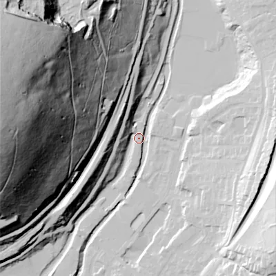 Shaded relief map of the ground around OL37FY, computed from Environment Agency LiDAR. The ground here sits at about 157 m above sea level and falls 151 m across the surrounding 800 m. Surface water reaching this point runs off ground lying to the west-north-west, 148.0 m higher.
